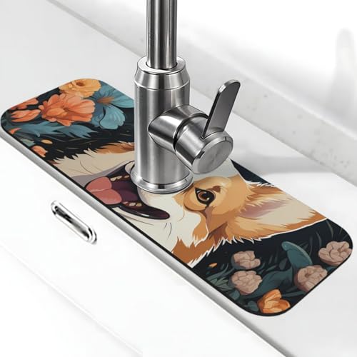 Corgi Pattern Wasserhahn Matte für Küchenspüle, super saugfähiger Wasserhahn-Pad, Spritzfänger, Kieselgur, schnell trocknender Stein, Wasserhahngriff, Tropffänger-Tablett, Matte für Badezimmer von AQRJKHD