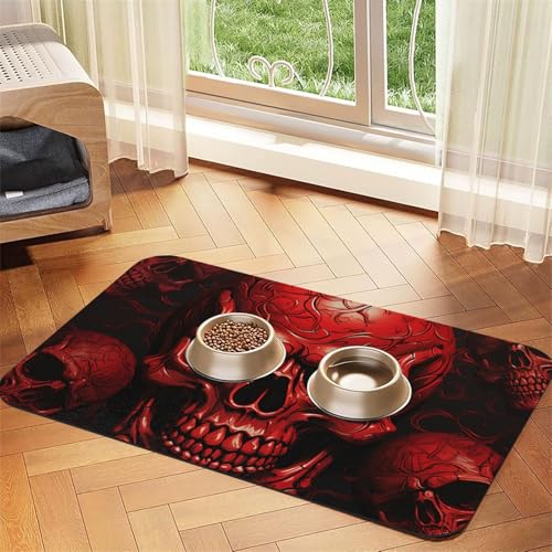 Futternapfmatte für Hundenäpfe und Wassernapf, rutschfest, saugfähig, für Katzen, rote Totenköpfe, Haustierfuttermatte für Böden, keine Flecken, Wassernapf-Matte, 30 x 45 cm von AQRJKHD