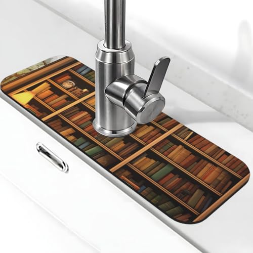 Retro-Bücherregal-Wasserhahnmatte für Küchenspüle, super saugfähig, Spritzfänger, Kieselgur, schnell trocknender Stein, Wasserhahngriff, Tropfenfänger-Tablett, Matte für Badezimmer, Waschbecken von AQRJKHD