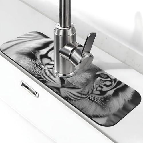 Schwarz-Weiß-Tiger-Wasserhahnmatte für Küchenspüle, super saugfähig, Spritzfänger, Kieselgur, schnell trocknender Stein, Wasserhahngriff, Tropffänger-Tablett, Matte für Badezimmer, Waschbecken von AQRJKHD