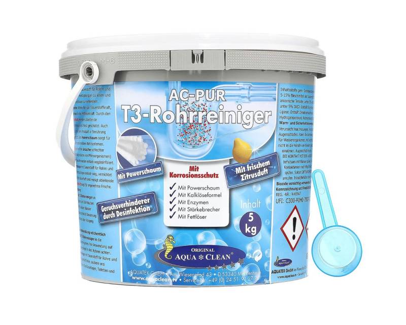AQUA CLEAN AC-PUR T3 Rohrreiniger mit Korrosionsschutz 5kg Rohrreiniger (Verursacht Hautreizungen. Verursacht schwere Augenschäden. Kann die Atemwege reizen. Schädlich für Wasserorganismen, mit langfristiger Wirkung. Darf nicht in die Hände von Kindern gelangen. Staub nicht einatmen. Augenschutz tragen. BEI KONTAKT MIT DEN AUGEN: Einige Minuten lang behutsam mit Wasser spülen. Eventuell vorhandene Kontaktlinsen nach Möglichkeit entfernen. Weiter spülen. Sofort GIFTINFORMATIONSZENTRUM/Arzt anrufen. Inhalt/Behälter dem Hausmüll zuführen) AQUA CLEAN AC-PUR T3 Rohrreiniger mit Korrosionsschutz 5kg Rohrreiniger (Verursacht Hautreizungen. Verursacht schwere Augenschäden. Kann die Atemwege reizen. Schädlich für Wasserorganismen, mit langfristiger Wirkung. Darf nicht in die Hände von Kindern gelangen. Staub nicht einatmen. Augenschutz tragen. BEI KONTAKT MIT DEN AUGEN: Einige Minuten lang behutsam mit Wasser spülen. Eventuell vorhandene Kontaktlinsen nach Möglichkeit entfernen. Weiter spülen. Sofort GIFTINFORMATIONSZENTRUM/Arzt anrufen. Inhalt/Behälter dem Hausmüll zuführen) von AQUA CLEAN
