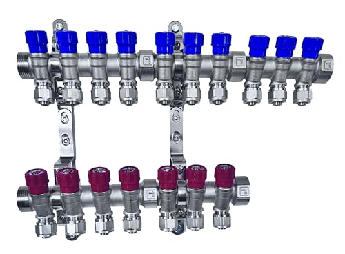 AQUA HEATING Wasserverteiler Set Verteiler Warmwasser Kaltwasser Trinkwasser Heizung Industrie Wasseranschluss Messing Vernickelt 1 Zoll 16x2 mm PEX 10 Wege Blau 7 Wege Rot von AQUA HEATING