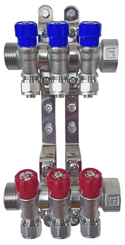 AQUA HEATING Wasserverteiler Set Verteiler Warmwasser Kaltwasser Trinkwasser Heizung Industrie Wasseranschluss Messing Vernickelt 1 Zoll 16x2 mm PEX 3 Wege Blau 3 Wege Rot von AQUA HEATING