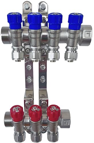 AQUA HEATING Wasserverteiler Set Verteiler Warmwasser Kaltwasser Trinkwasser Heizung Industrie Wasseranschluss Messing Vernickelt 1 Zoll 16x2 mm PEX 4 Wege Blau 3 Wege Rot von AQUA HEATING