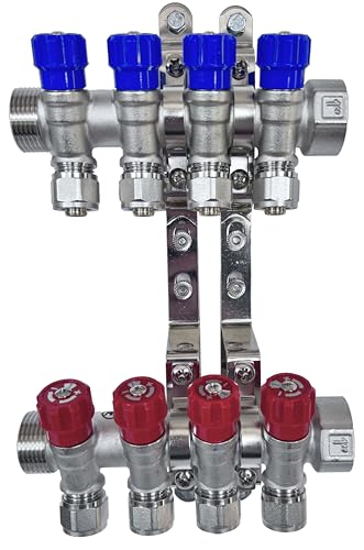 AQUA HEATING Wasserverteiler Set Verteiler Warmwasser Kaltwasser Trinkwasser Heizung Industrie Wasseranschluss Messing Vernickelt 1 Zoll 16x2 mm PEX 4 Wege Blau 4 Wege Rot von AQUA HEATING