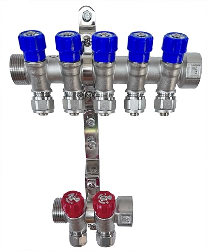 AQUA HEATING Wasserverteiler Set Verteiler Warmwasser Kaltwasser Trinkwasser Heizung Industrie Wasseranschluss Messing Vernickelt 1 Zoll 16x2 mm PEX 5 Wege Blau 2 Wege Rot von AQUA HEATING
