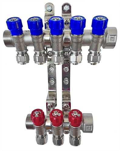 AQUA HEATING Wasserverteiler Set Verteiler Warmwasser Kaltwasser Trinkwasser Heizung Industrie Wasseranschluss Messing Vernickelt 1 Zoll 16x2 mm PEX 5 Wege Blau 3 Wege Rot von AQUA HEATING