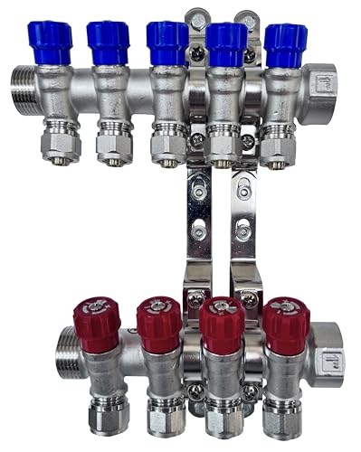 AQUA HEATING Wasserverteiler Set Verteiler Warmwasser Kaltwasser Trinkwasser Heizung Industrie Wasseranschluss Messing Vernickelt 1 Zoll 16x2 mm PEX 5 Wege Blau 4 Wege Rot von AQUA HEATING
