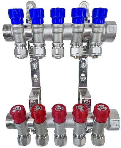 AQUA HEATING Wasserverteiler Set Verteiler Warmwasser Kaltwasser Trinkwasser Heizung Industrie Wasseranschluss Messing Vernickelt 1 Zoll 16x2 mm PEX 5 Wege Blau 5 Wege Rot von AQUA HEATING