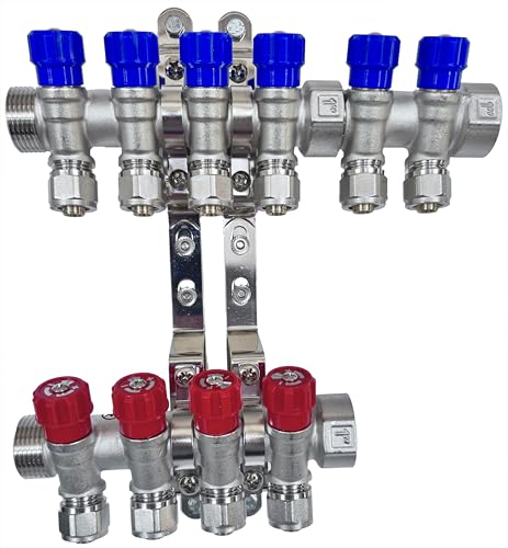 AQUA HEATING Wasserverteiler Set Verteiler Warmwasser Kaltwasser Trinkwasser Heizung Industrie Wasseranschluss Messing Vernickelt 1 Zoll 16x2 mm PEX 6 Wege Blau 4 Wege Rot von AQUA HEATING