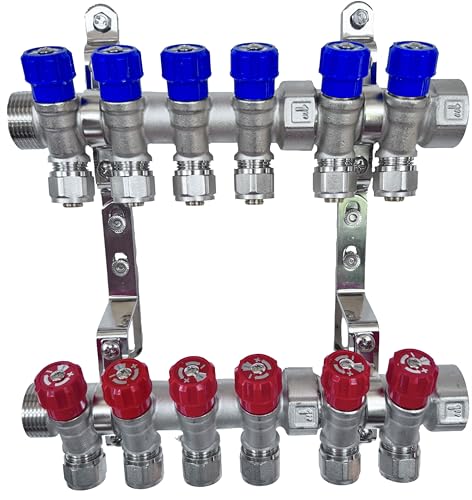 AQUA HEATING Wasserverteiler Set Verteiler Warmwasser Kaltwasser Trinkwasser Heizung Industrie Wasseranschluss Messing Vernickelt 1 Zoll 16x2 mm PEX 6 Wege Blau 6 Wege Rot von AQUA HEATING