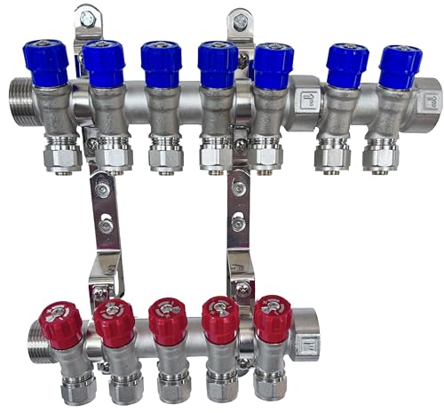 AQUA HEATING Wasserverteiler Set Verteiler Warmwasser Kaltwasser Trinkwasser Heizung Industrie Wasseranschluss Messing Vernickelt 1 Zoll 16x2 mm PEX 7 Wege Blau 5 Wege Rot von AQUA HEATING