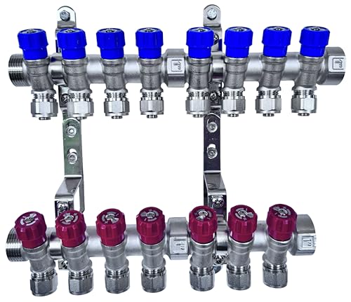 AQUA HEATING Wasserverteiler Set Verteiler Warmwasser Kaltwasser Trinkwasser Heizung Industrie Wasseranschluss Messing Vernickelt 1 Zoll 16x2 mm PEX 8 Wege Blau 7 Wege Rot von AQUA HEATING