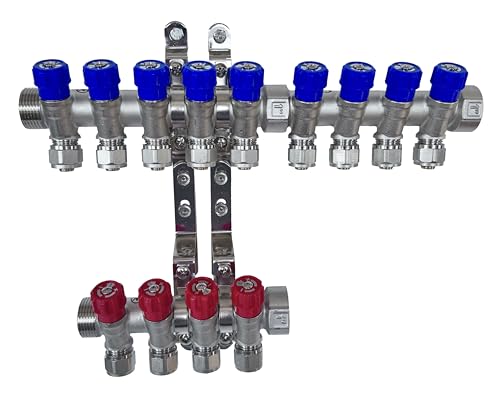 AQUA HEATING Wasserverteiler Set Verteiler Warmwasser Kaltwasser Trinkwasser Heizung Industrie Wasseranschluss Messing Vernickelt 1 Zoll 16x2 mm PEX 9 Wege Blau 4 Wege Rot von AQUA HEATING