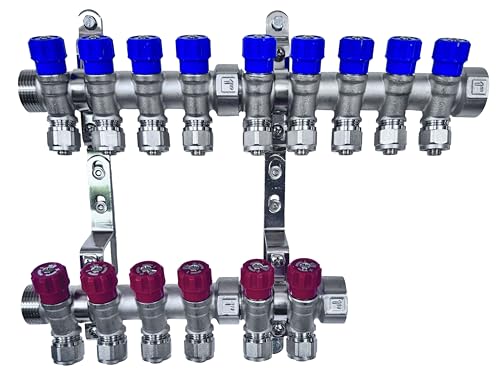 AQUA HEATING Wasserverteiler Set Verteiler Warmwasser Kaltwasser Trinkwasser Heizung Industrie Wasseranschluss Messing Vernickelt 1 Zoll 16x2 mm PEX 9 Wege Blau 6 Wege Rot von AQUA HEATING