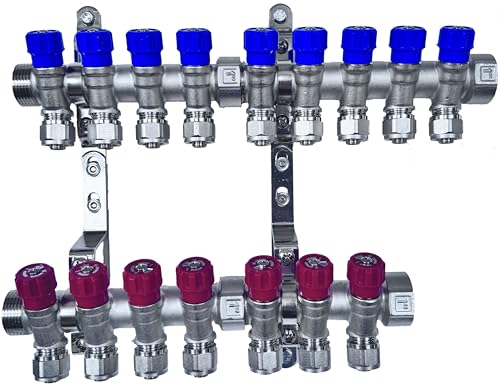 AQUA HEATING Wasserverteiler Set Verteiler Warmwasser Kaltwasser Trinkwasser Heizung Industrie Wasseranschluss Messing Vernickelt 1 Zoll 16x2 mm PEX 9 Wege Blau 7 Wege Rot von AQUA HEATING