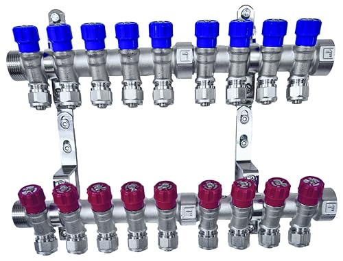 AQUA HEATING Wasserverteiler Set Verteiler Warmwasser Kaltwasser Trinkwasser Heizung Industrie Wasseranschluss Messing Vernickelt 1 Zoll 16x2 mm PEX 9 Wege Blau 9 Wege Rot von AQUA HEATING