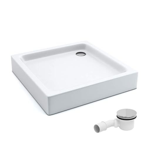 AQUABAD Duschwanne/Duschtasse | Komplettset Forta Plus mit LeakProtect Technologie Smooth White 80x80cm Quadrat | inkl. Ablaufgarnitur/Siphon Alcadran A49CR von AQUABAD