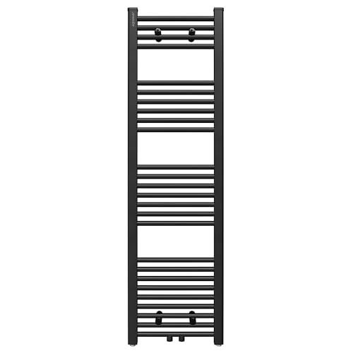 Aquabad Badheizkörper Virgo | Grösse: 40 x 140 cm | Heizleistung 390 Watt | Farbe: Schwarzmatt | Mittelanschluss 50mm | Handtuchhalter, Handtuchwärmer von AQUABAD