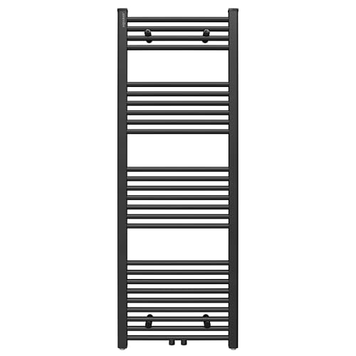 Aquabad Badheizkörper Virgo | Grösse: 50 x 140 cm | Heizleistung 468 Watt | Farbe: Schwarzmatt | Mittelanschluss 50mm | Handtuchhalter, Handtuchwärmer von AQUABAD