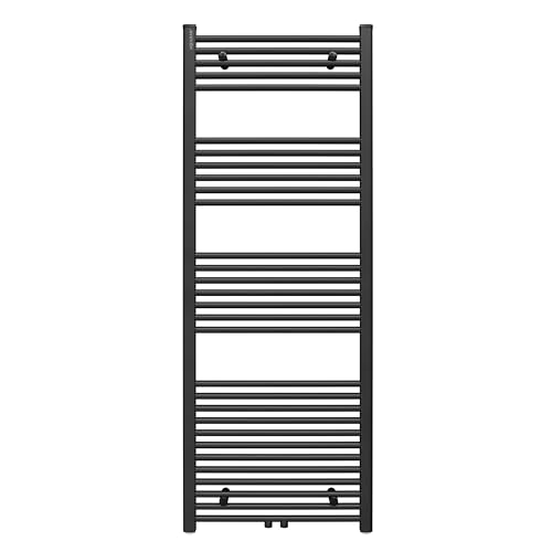 Aquabad Badheizkörper Virgo | Grösse: 60 x 160 cm | Heizleistung 630 Watt | Farbe: Schwarzmatt | Mittelanschluss 50mm | Handtuchhalter, Handtuchwärmer von AQUABAD