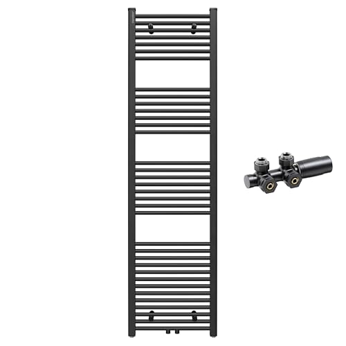 Aquabad Badheizkörper Virgo inkl. Multiblock Eckausführung | Grösse: 50 x 180 cm | Heizleistung 608 Watt | Farbe: Schwarzmatt | Mittelanschluss 50mm | Handtuchhalter, Handtuchwärmer von AQUABAD