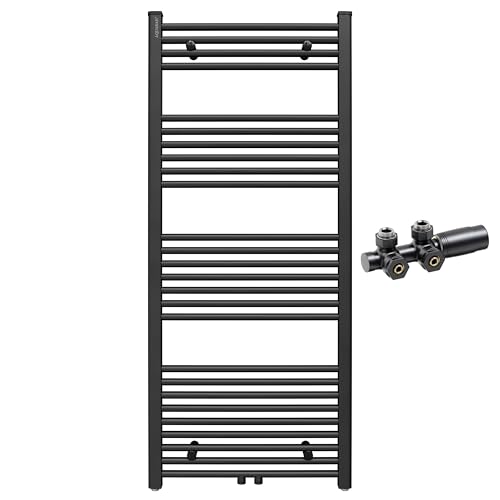 Aquabad Badheizkörper Virgo inkl. Multiblock Eckausführung | Grösse: 60 x 140 cm | Heizleistung 547 Watt | Farbe: Schwarzmatt | Mittelanschluss 50mm | Handtuchhalter, Handtuchwärmer von AQUABAD