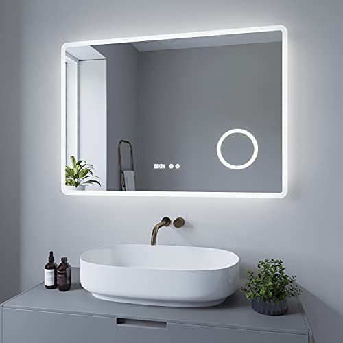 AQUABATOS® 100x70 cm Badspiegel mit Beleuchtung badezimmerspiegel LED Wandspiegel, Touch-Schalter Dimmbar + Kaltweiß 6400K + Anti-beschlag + Schminkspiegel 3-Fach Vergrößerung von AQUABATOS