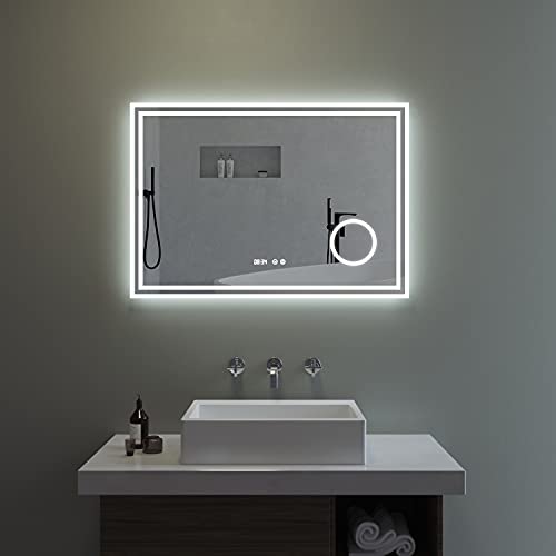 AQUABATOS® 100x70 cm Badspiegel mit LED Beleuchtung Wandspiegel Badezimmerspiegel antibeschlag mit Digital Uhr Kosmetikspiegel Schminkspiegel 3-Fach Vergrößerung kaltweiß 6400K Touch dimmbar von AQUABATOS