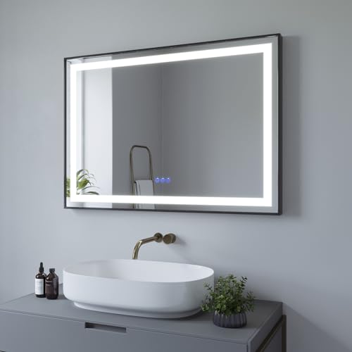 AQUABATOS® 100x70 cm LED Badspiegel Badezimmerspiegel mit Beleuchtung Slimline Design Aluminiumrahmen in Schwarz matt Dimmbare Touch Kaltweiß 6400K Warmweiß 3000K Beschlagfrei Antibeschlag IP44 CE von AQUABATOS
