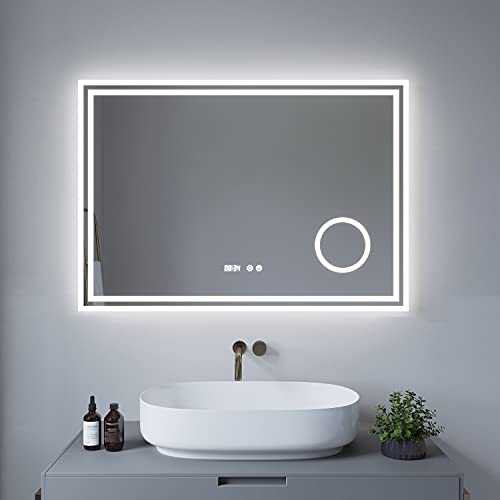 AQUABATOS® 100x70 cm LED Badspiegel Wandspiegel Badezimmerspiegel antibeschlag mit Digital Uhr Kosmetikspiegel Schminkspiegel 3-Fach Vergrößerung Kaltweiß 6400K Touch dimmbar von AQUABATOS