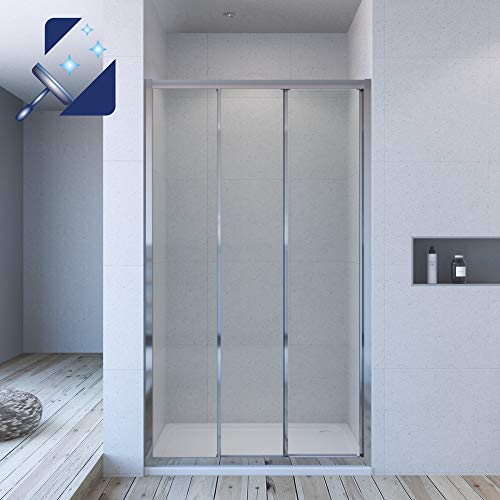 AQUABATOS® 120x195cm Duschtür Nische 3 teilige Schiebetür Dusche ohne Seitenteil Dreiteilige Gleittür Nischenschiebetür Duschwand Glas Nischentür 6mm klarglas Easy-clean Lotus effekt Beschichtung von AQUABATOS