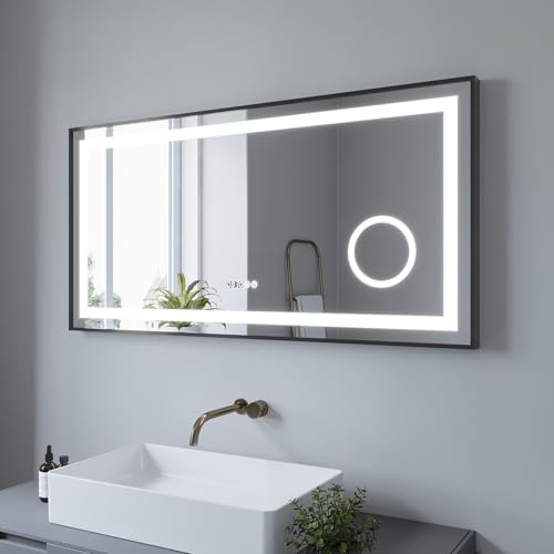 AQUABATOS® 120x60 cm LED Badspiegel mit Beleuchtung Badezimmerspiegel Digital Uhr Aluminiumrahmen Schwarz matt Touch Dimmbare Kaltweiß Beschlagfrei Heizung Schminkspiegel 3-Fach Vergrößerung von AQUABATOS