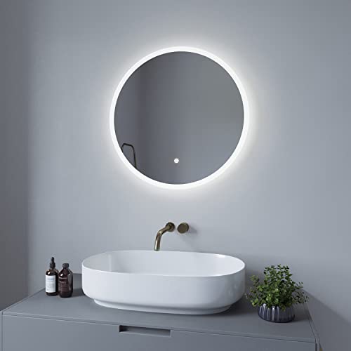 AQUABATOS® 60cm LED Runde Badspiegel mit Beleuchtung Wandspiegel Badezimmerspiegel lichtspiegel Dimmbar Touch Schalter Farbtemperatur Kaltweiß 6400K Spiegelheizung antibeschlag IP44 CE von AQUABATOS