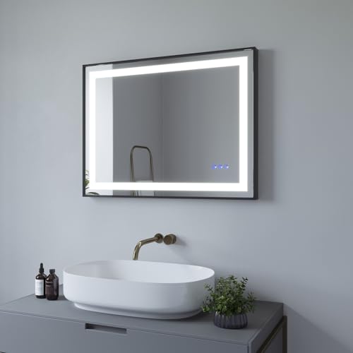 AQUABATOS® 80x60 cm LED Badspiegel Badezimmerspiegel mit Beleuchtung Slimline Design Aluminiumrahmen in Schwarz matt Dimmbare Touch Kaltweiß 6400K Warmweiß 3000K Beschlagfrei Antibeschlag IP44 CE von AQUABATOS