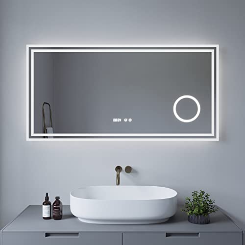 AQUABATOS® Badezimmerspiegel Essens-Serie 120x60cm Typ D Badspiegel mit Beleuchtung Antibeschlag Kosmetikspiegel Schminkspiegel 3 Fach Vergrößerung Digital Uhr Touch Schalter Dimmbar Kaltweiß 6400K von AQUABATOS