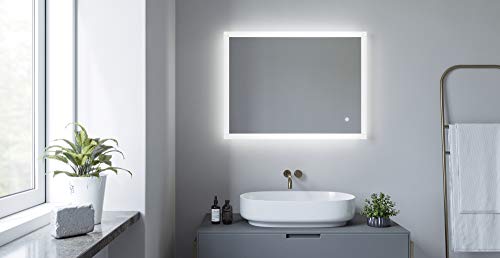 AQUABATOS® Badspiegel mit Beleuchtung Eckig 80x60 cm LED Licht Wandspiegel Gäste WC Badezimmer Spiegel beleuchtet Antibeschlag Touch Schalter Dimmbar Memory-Funktion Wandschalter Lichtschalter von AQUABATOS