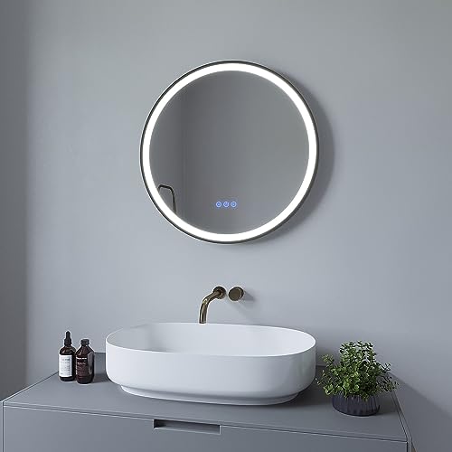 AQUABATOS® Badspiegel mit Beleuchtung Rund 60 cm Schwarz Rahmen LED Wandspiegel Badezimmerspiegel Beschlagfrei Spiegelheizung Lichtspiegel 3 Lichtfarben Dimmbar Touch Schalter für Wandschalter von AQUABATOS
