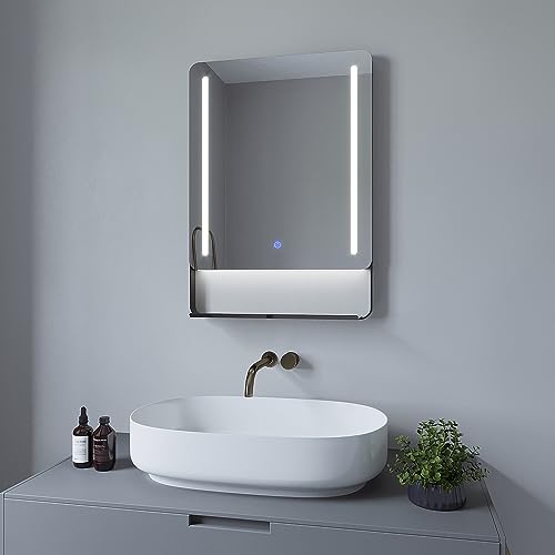 AQUABATOS® Badspiegel mit Beleuchtung und Ablage 50x70 cm Aluminiumrahmen in Schwarz matt Badezimmerspiegel Dimmbare Touch Kaltweiß 6400K Beschlagfrei Antibeschlag Wandspiegel Wandschalter von AQUABATOS