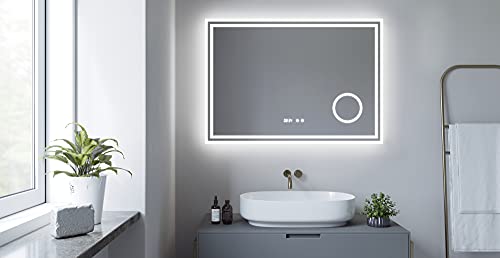 AQUABATOS® LED Lichtspiegel Essens-Serie 100x70cm Typ D Badspiegel mit Beleuchtung Badezimmerspiegel Kosmetikspiegel Schminkspiegel Touch-Schalter Dimmbar Kaltweiß 6400K Digital Uhr Spiegelheizung von AQUABATOS