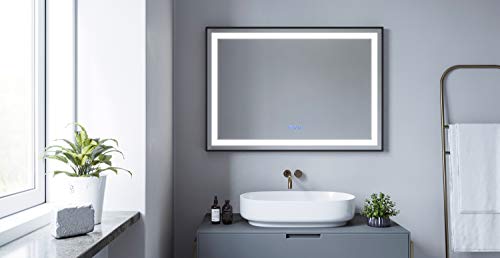 AQUABATOS® SAUTENS-Serie 100x70 cm LED Badspiegel Badezimmerspiegel mit Beleuchtung Dimmbare Touch Kaltweiß 6400K Warmweiß 3000K Beschlagfrei Antibeschlag Aluminium Rahmen in Schwarz matt IP44 CE von AQUABATOS
