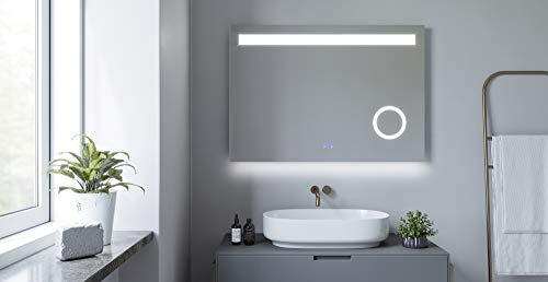 AQUABATOS 100x70 cm Badspiegel mit Beleuchtung Badezimmerspiegel LED Lichtspiegel Wandspiegel. Touch-Schalter Dimmbar, Kaltweiß 6400K, Warmweiß 3000K, Spiegelheizung, Schminkspiegel, IP44, CE von AQUABATOS
