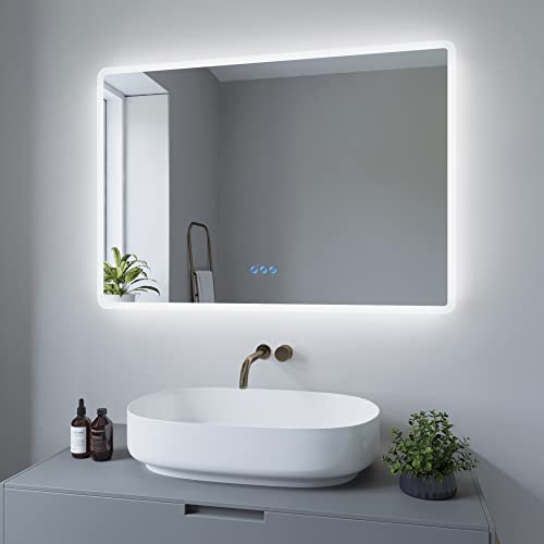 AQUABATOS 100x70 cm Badspiegel mit Beleuchtung Badezimmerspiegel Lichtspiegel LED Wandspiegel Energiesparend. Touch-Schalter Dimmbar + Kaltweiß 6400K + Warmweiß 3000K + Spiegelheizung + IP44 + CE von AQUABATOS