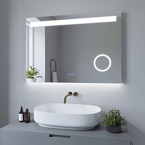 AQUABATOS 100x70 cm Badspiegel mit Beleuchtung Badezimmerspiegel Lichtspiegel LED Wandspiegel. Touch-Schalter Dimmbar + Kaltweiß 6400K + Warmweiß 3000K + Spiegelheizung + Schminkspiegel + IP44 + CE von AQUABATOS