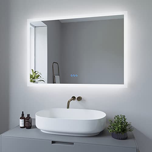 AQUABATOS 100x70cm Badspiegel mit Beleuchtung Badezimmerspiegel LED Lichtspiegel Wandspiegel Energiesparend. Touch-Schalter Dimmbar, Kaltweiß 6400K, Warmweiß 3000K, Spiegelheizung, IP44, CE von AQUABATOS
