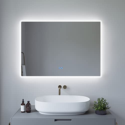 AQUABATOS 100x70cm Badspiegel mit Beleuchtung badezimmerspiegel LED Lichtspiegel Wandspiegel, Touch-Schalter Dimmbar, Kaltweiß 6400K, Spiegelheizung, Anti-beschlag, IP44, CE von AQUABATOS