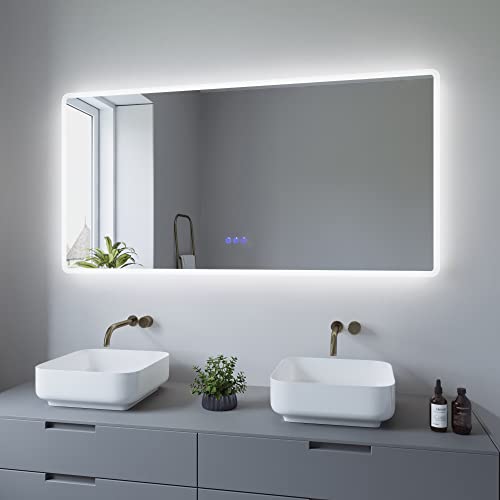 AQUABATOS 140x70 cm Badspiegel mit Beleuchtung Badezimmerspiegel Lichtspiegel LED Wandspiegel Energiesparend. Touch-Schalter Dimmbar + Kaltweiß 6400K + Warmweiß 3000K + Spiegelheizung + IP44 + CE von AQUABATOS