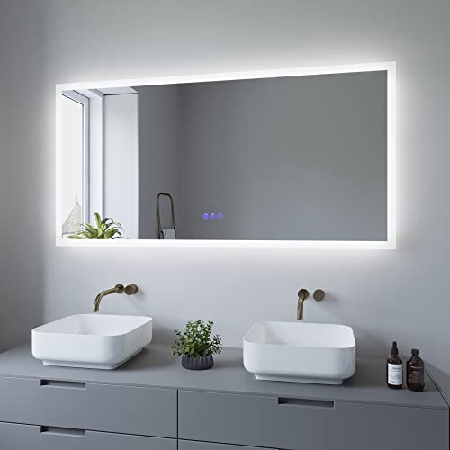 AQUABATOS 140x70cm Badspiegel mit Beleuchtung Badezimmerspiegel LED Lichtspiegel Wandspiegel Energiesparend. Touch-Schalter Dimmbar, Kaltweiß 6400K, Warmweiß 3000K, Spiegelheizung, IP44, CE von AQUABATOS