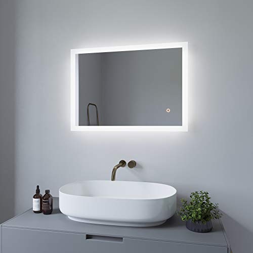 AQUABATOS 50x70 cm LED Badspiegel Wandspiegel Badezimmerspiegel mit Beleuchtung lichtspiegel Bad Spiegel Badezimmer Spiegel Touch Schalter Farbtemperatur Kaltweiß 6400K IP44 CE energiesparend von AQUABATOS