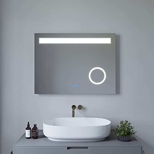 AQUABATOS 80x60 cm Badspiegel Schminkspiegel mit Beleuchtung Badezimmerspiegel Lichtspiegel LED Wandspiegel. Touch-Schalter Dimmbar + Kaltweiß 6400K + Warmweiß 3000K + Spiegelheizung + IP44 + CE von AQUABATOS